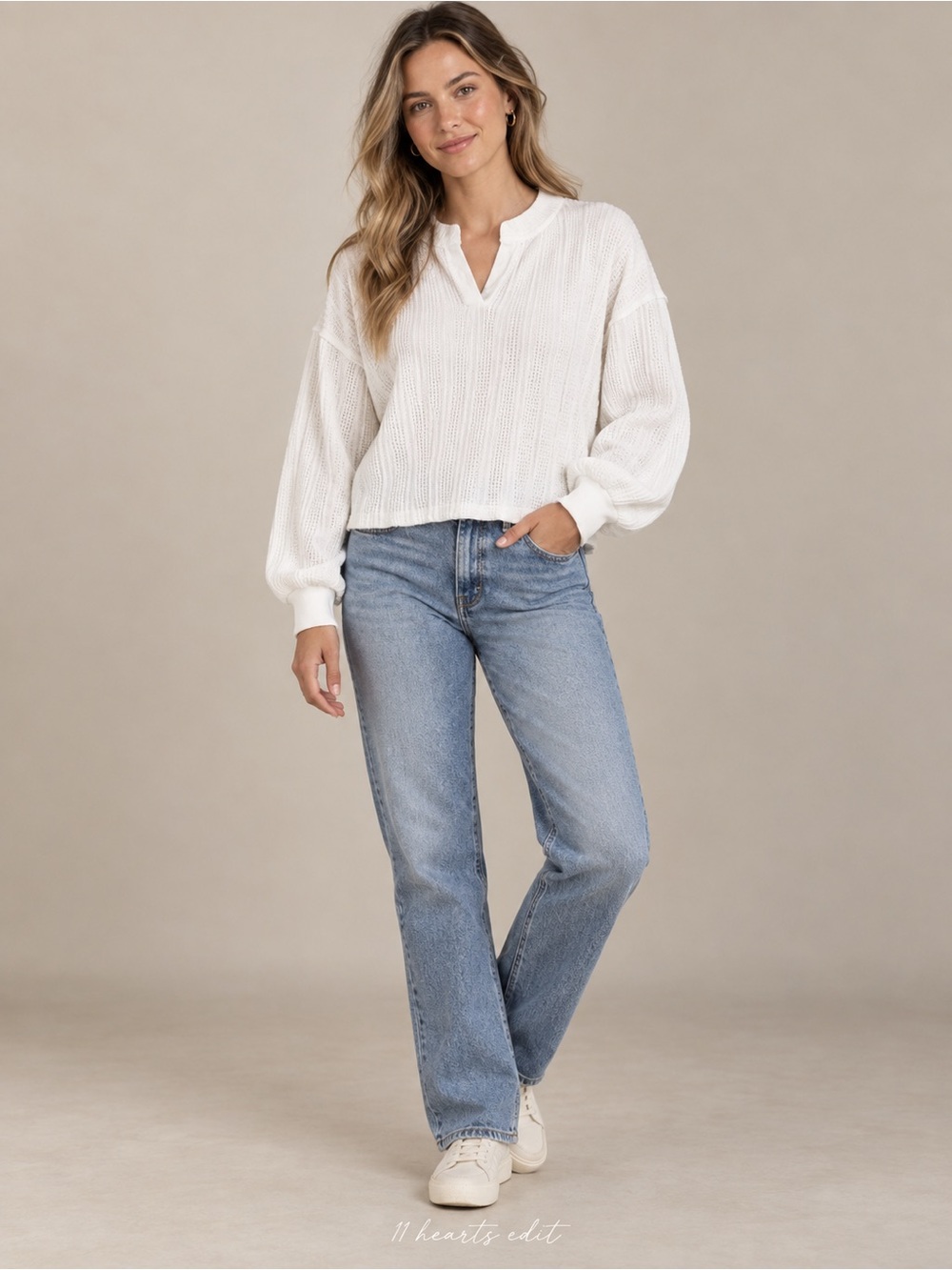 Sanctuary White Textured Split-Neck Balloon Sleeve Sweatshirt Small